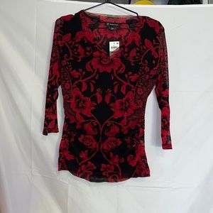 INC Red/Black Ruched Long Sleeve Blouse
